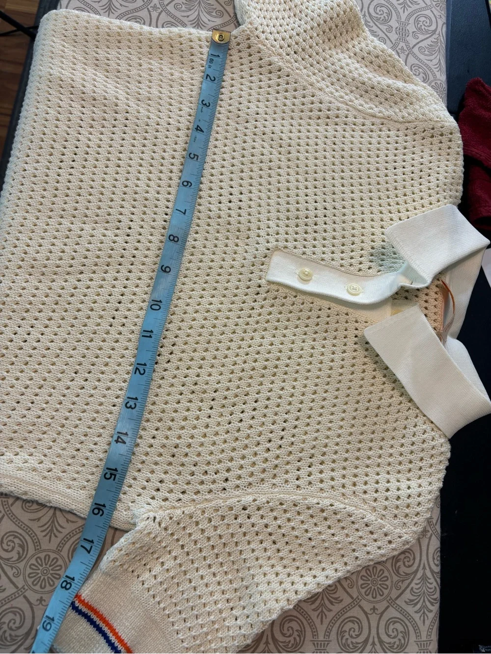 Tory Burch Cream Open Knit Crochet Sweater Pointelle Polo Shirt Top S Small